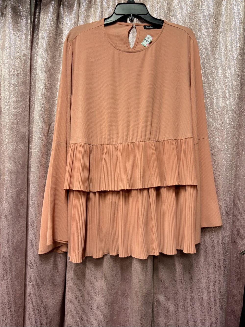 Boohoo Rose-Taupe Layered Pleated Long-Sleeve Tunic